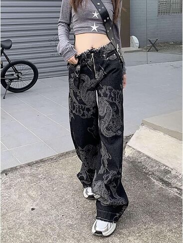meinvqiaoti streetwear Dark Dragon Pattern Design Design Goth Goth Cargo Cargo Jeans Raw Edge Wide Leg Pargo for Women in Kuwait