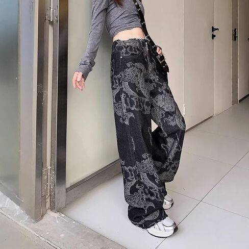 meinvqiaoti streetwear Dark Dragon Pattern Design Design Goth Goth Cargo Cargo Jeans Raw Edge Wide Leg Pargo for Women in Kuwait