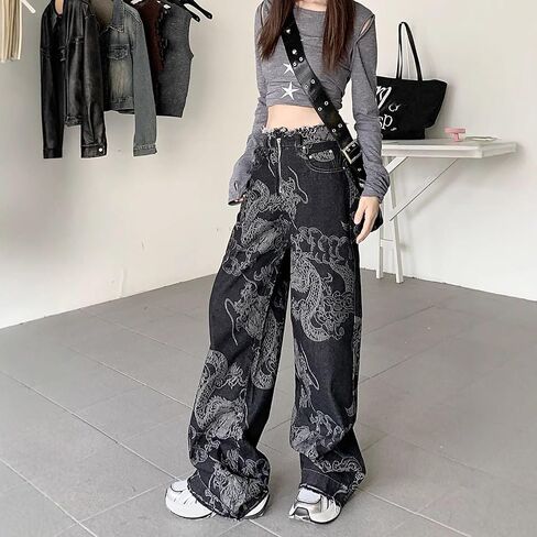 meinvqiaoti streetwear Dark Dragon Pattern Design Design Goth Goth Cargo Cargo Jeans Raw Edge Wide Leg Pargo for Women in Kuwait