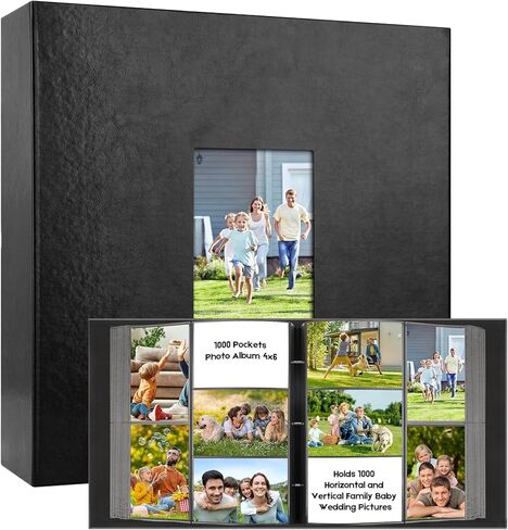 1000 جيب ألبوم صورة 4x6 جلدية ، وسعة كبيرة إضافية تحمل 1000 صورة أفقية ورأسية ، وحمض خالي من الصفحات غير العصي مع النافذة الأمامية ، مثالية لذكريات عائلة الزفاف (أسود) in Kuwait