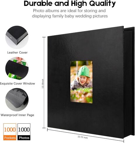 1000 جيب ألبوم صورة 4x6 جلدية ، وسعة كبيرة إضافية تحمل 1000 صورة أفقية ورأسية ، وحمض خالي من الصفحات غير العصي مع النافذة الأمامية ، مثالية لذكريات عائلة الزفاف (أسود) in Kuwait