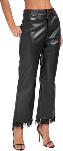 Women's Faux Leather Pants with Feather Hem Mid Rise Wide Legging Straight Pants with Pockets in Saudi Arabia