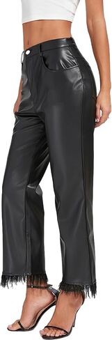 Women's Faux Leather Pants with Feather Hem Mid Rise Wide Legging Straight Pants with Pockets in Saudi Arabia