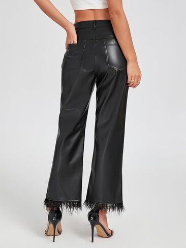 Women's Faux Leather Pants with Feather Hem Mid Rise Wide Legging Straight Pants with Pockets in Saudi Arabia