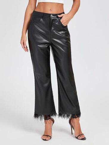 Women's Faux Leather Pants with Feather Hem Mid Rise Wide Legging Straight Pants with Pockets in Saudi Arabia
