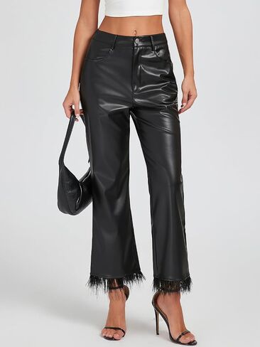 Women's Faux Leather Pants with Feather Hem Mid Rise Wide Legging Straight Pants with Pockets in Saudi Arabia
