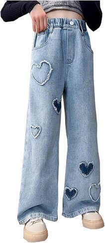 الفتيات جميل نمط القلب طباعة سراويل الخصر مرنة مرنة DENIM eide-eide-leg سروال جان مع جيوب in Saudi Arabia