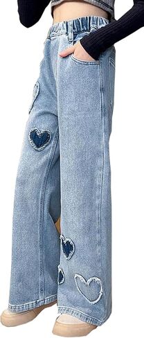 الفتيات جميل نمط القلب طباعة سراويل الخصر مرنة مرنة DENIM eide-eide-leg سروال جان مع جيوب in Saudi Arabia