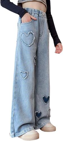 الفتيات جميل نمط القلب طباعة سراويل الخصر مرنة مرنة DENIM eide-eide-leg سروال جان مع جيوب in Saudi Arabia
