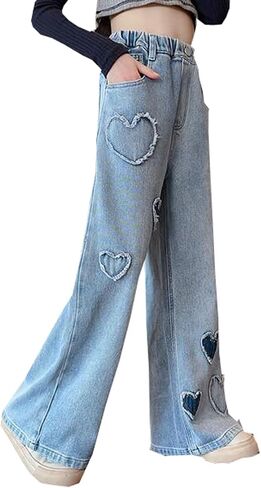 الفتيات جميل نمط القلب طباعة سراويل الخصر مرنة مرنة DENIM eide-eide-leg سروال جان مع جيوب in Saudi Arabia