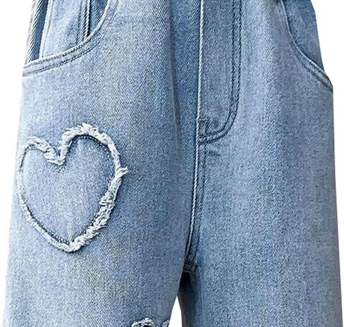الفتيات جميل نمط القلب طباعة سراويل الخصر مرنة مرنة DENIM eide-eide-leg سروال جان مع جيوب in Saudi Arabia