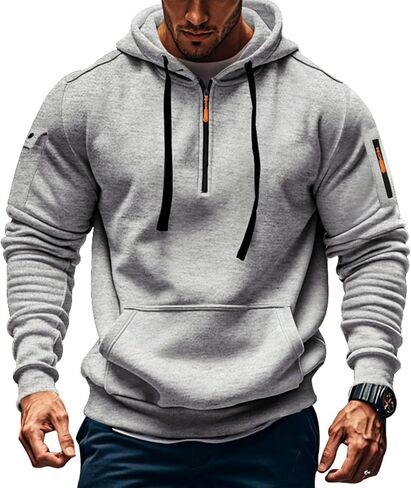 رجال تجريب الصوف الرياضي هوديي هوديي طويل الأكمام الطويلة الربع الأساسي zip pullover sweatshirt مع جيب الكانغا in Kuwait