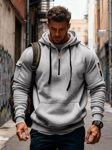 رجال تجريب الصوف الرياضي هوديي هوديي طويل الأكمام الطويلة الربع الأساسي zip pullover sweatshirt مع جيب الكانغا in Kuwait