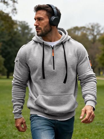رجال تجريب الصوف الرياضي هوديي هوديي طويل الأكمام الطويلة الربع الأساسي zip pullover sweatshirt مع جيب الكانغا in Kuwait
