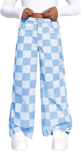 OYOANGLE Girl's Checkered Print Jeans Zipper Fly Straight Leg Denim Pants with Pocket in Saudi Arabia
