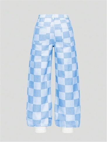OYOANGLE Girl's Checkered Print Jeans Zipper Fly Straight Leg Denim Pants with Pocket in Saudi Arabia