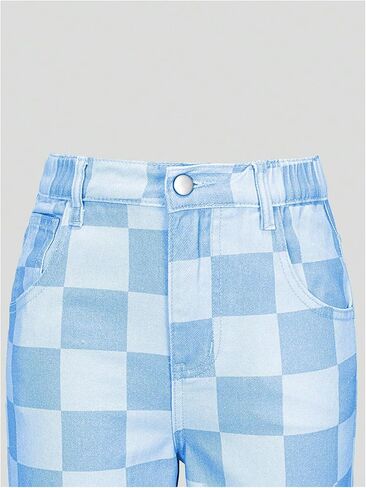OYOANGLE Girl's Checkered Print Jeans Zipper Fly Straight Leg Denim Pants with Pocket in Saudi Arabia