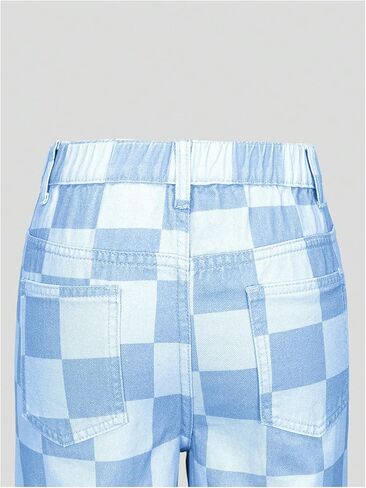 OYOANGLE Girl's Checkered Print Jeans Zipper Fly Straight Leg Denim Pants with Pocket in Saudi Arabia