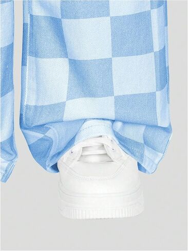 OYOANGLE Girl's Checkered Print Jeans Zipper Fly Straight Leg Denim Pants with Pocket in Saudi Arabia