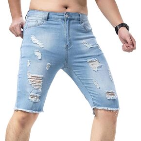Mens Mid Rise Slim Fit Distressed Ripped Stretch Denim Shorts Summer Casual Classic Straight Jeans in Saudi Arabia