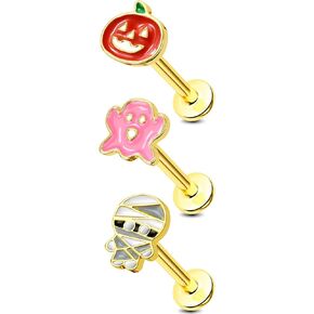 Jewseen 16g Flat Back Earrings Gold Cartilage Lip Nose Stud Pumpkin Ghost Mummy Tragus Helix Conch Earrings Halloween Piercing Jewelry for Women Men in Kuwait