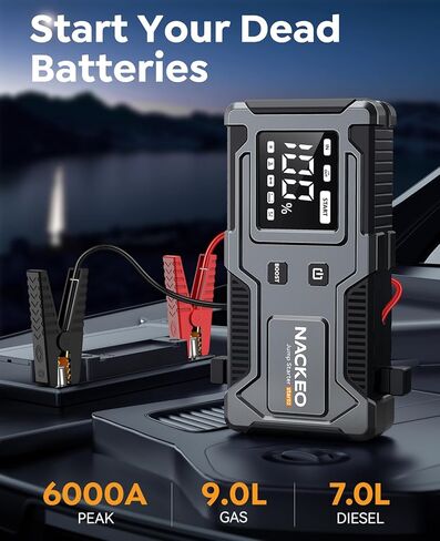 All-in-One Car Battery Jump Starter 6000A 20000mAh with Built-in Smart Jumper Cables, Car Jump Starter Jump Box Portable Jumper Cables for car (9.0L Gas/7.0L Diesel), LCD Display, Fast Charge, Lights in Kuwait