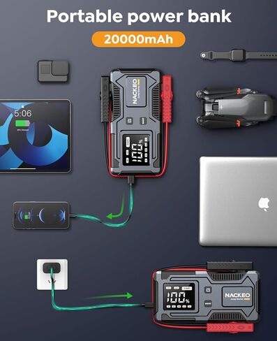 All-in-One Car Battery Jump Starter 6000A 20000mAh with Built-in Smart Jumper Cables, Car Jump Starter Jump Box Portable Jumper Cables for car (9.0L Gas/7.0L Diesel), LCD Display, Fast Charge, Lights in Kuwait