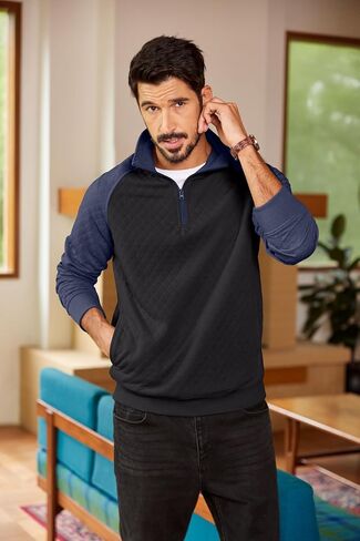 Coofandy Mens Quarter Zip pullover sweatshirt sweatshirt متماسكة سترة طويلة الأكمام سترة نصف الرمز البليو بالبلوز مع جيب in Saudi Arabia