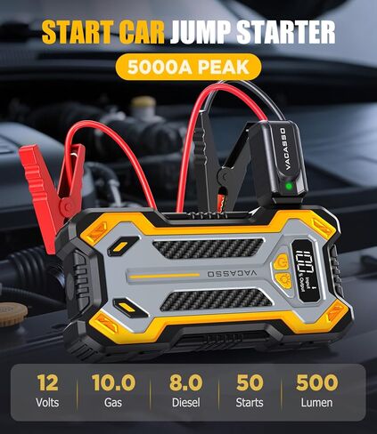 Car Jump Starter, 5000A Car Battery Jump Starter for Up to 10L Gas and 8L Diesel Engines, 12V Portable Jumper Starter Power Pack with Booster Car Starter Jump Box, LED Light, Jumper Cable in Kuwait