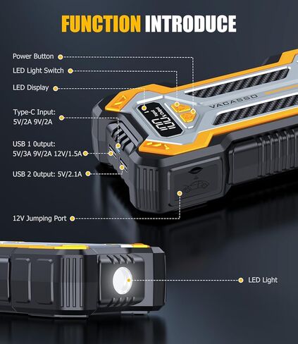 Car Jump Starter, 5000A Car Battery Jump Starter for Up to 10L Gas and 8L Diesel Engines, 12V Portable Jumper Starter Power Pack with Booster Car Starter Jump Box, LED Light, Jumper Cable in Kuwait
