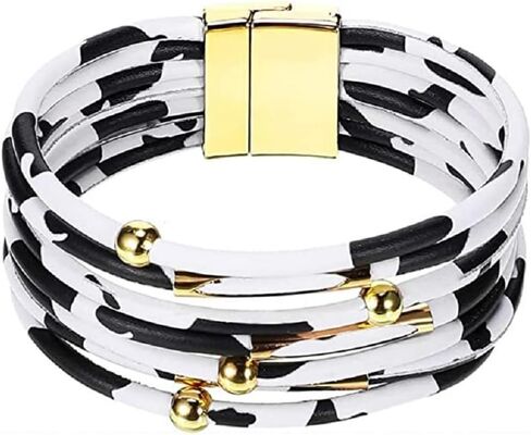 Layered Leopard Leather Wrap Bracelets Boho Leopard Multi-Layer Crystal Beads Cuff Bracelet Jewelry for Women in Saudi Arabia