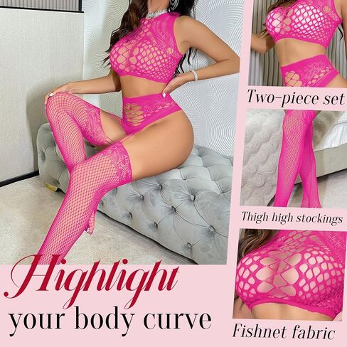 Women's Exotic Lingerie Sets for Women Sexy Top Fishnet Thigh High Stockings Two Piece Set Sheer Tights in Kuwait