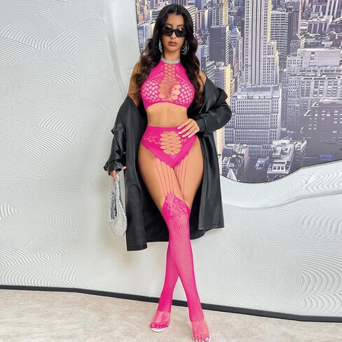 Women's Exotic Lingerie Sets for Women Sexy Top Fishnet Thigh High Stockings Two Piece Set Sheer Tights in Kuwait