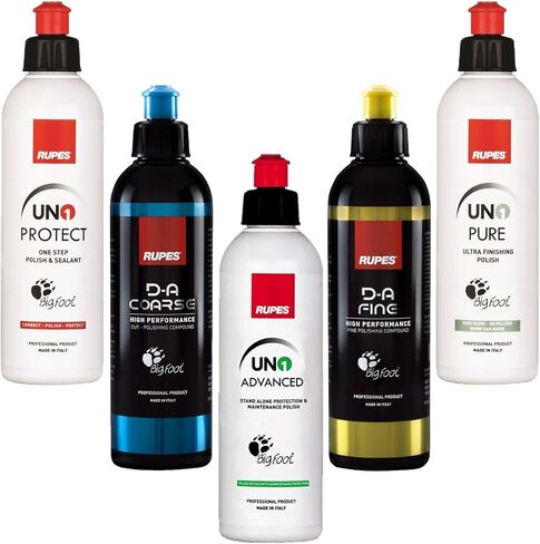 RUPES 5 Pack of High Performance Orbital Polishing Compounds - Includes 250 Milliliter Bottles of D-A Coarse, D-A Fine, UNO Protect, UNO Pure and Uno Advanced in Saudi Arabia