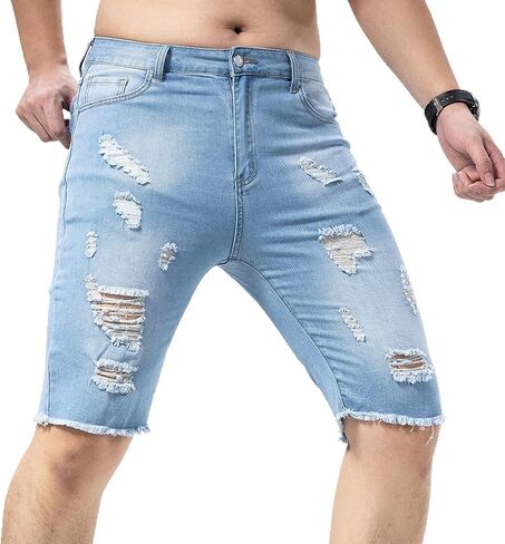 Mens Mid Rise Slim Fit Distressed Ripped Stretch Denim Shorts Summer Casual Classic Straight Jeans in Saudi Arabia