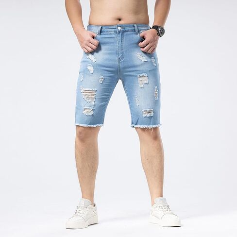 Mens Mid Rise Slim Fit Distressed Ripped Stretch Denim Shorts Summer Casual Classic Straight Jeans in Saudi Arabia