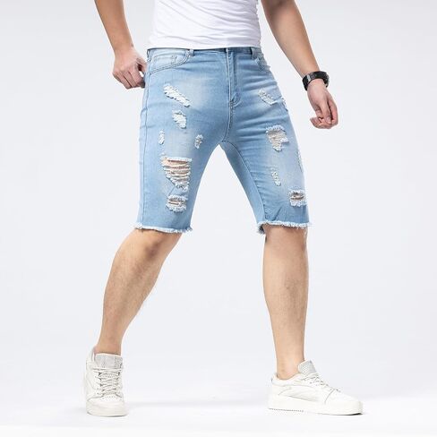 Mens Mid Rise Slim Fit Distressed Ripped Stretch Denim Shorts Summer Casual Classic Straight Jeans in Saudi Arabia