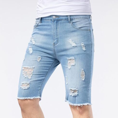 Mens Mid Rise Slim Fit Distressed Ripped Stretch Denim Shorts Summer Casual Classic Straight Jeans in Saudi Arabia