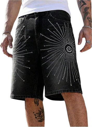 Men's Sparkly Baggy Jean Shorts Y2K Rhinestone Hip Hop Knee Length Denim Bermuda Shorts Jorts in Saudi Arabia