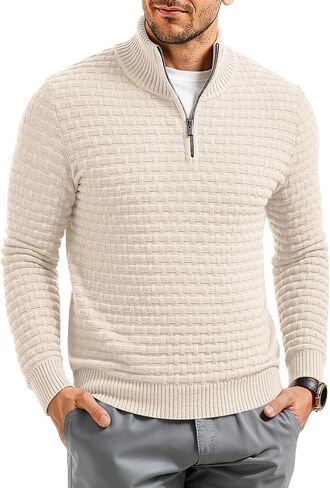 RQP Mens Quarter Zip Pullover Sweaters Relaxed Fit Knit Texture Sweater with Ribbing Edge in Saudi Arabia