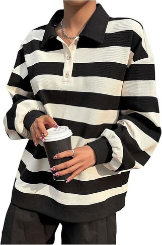 MakeMeChic Women's Striped Oversized Sweatshirt Button Collared Long Sleeve Rugby Pullover Tops in Saudi Arabia