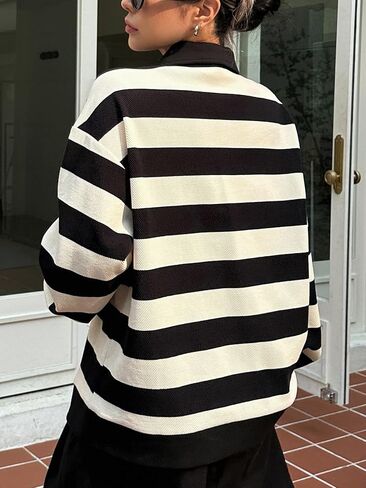 MakeMeChic Women's Striped Oversized Sweatshirt Button Collared Long Sleeve Rugby Pullover Tops in Saudi Arabia