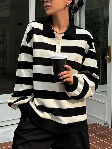 MakeMeChic Women's Striped Oversized Sweatshirt Button Collared Long Sleeve Rugby Pullover Tops in Saudi Arabia