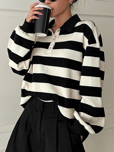MakeMeChic Women's Striped Oversized Sweatshirt Button Collared Long Sleeve Rugby Pullover Tops in Saudi Arabia