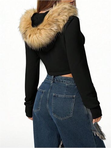 Makemechic Women's Y2K Winter Faux Fur Fur Hoodie Fuzzy Long Sleeve Zip Up Croped Sweatshirt in Saudi Arabia