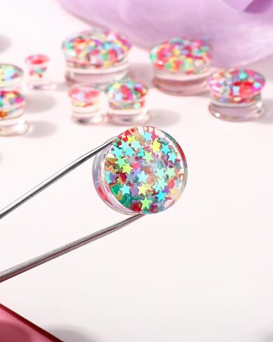 Jewseen 0g-1’’ Ear Gauges Plugs Double Flared Rainbow Star Ear Tunnels Stretchers Gauges for Women Plugs Piercing Jewelry in Saudi Arabia