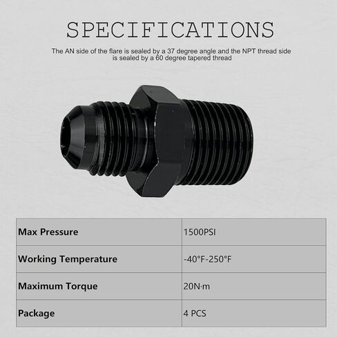 6an الذكور يضيء إلى 3/8 "محول تركيب الأنابيب NPT الألومنيوم مستقيم الأسود ، حزمة من 4 in Kuwait