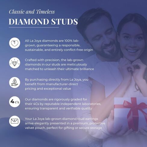 Lab Grown Diamond Stud Earrings for Women and Men | 1/6-3 CT TW Solid 14K White and Yellow Gold | Premium GH Color (Near Colorless) and VS - SI Clarity (Clean) Grade Independently Certified Diamonds in Kuwait