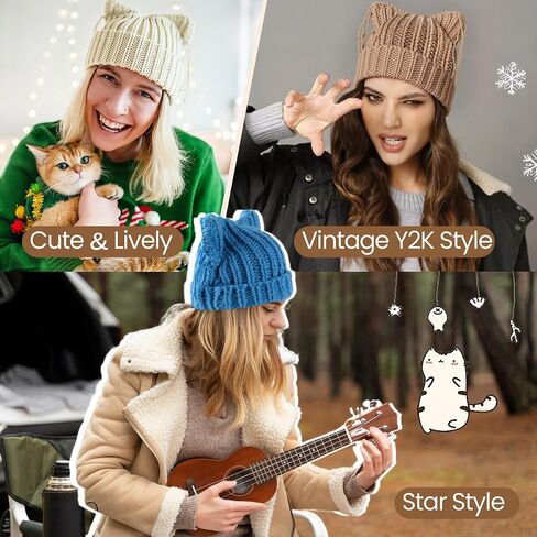 Babalet Cat Ear Beanie for Women Winter Winter Cap Cap chunky crochet hat hat tlouchy fox hat women winter strendy head leady in Kuwait