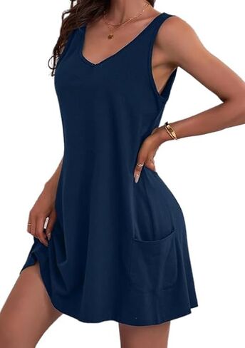 Women's Casual Sundress with Pockets Summer Boho Beach Dress V Neck Loose Tank Dresses Cute Floral T Shirt Dress in Saudi Arabia